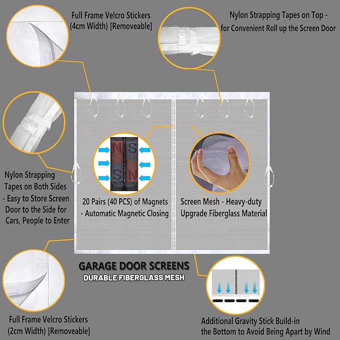 Garage Screen Door for 1 Car Garage 8x8ft White, Magnetic Door Screen 8x8 FT Garage/Patio/Porch/Balcony with Retractable Fiberglass Mesh & Heavy Duty Weighted Bottom, Hands Free, Easy Assembly