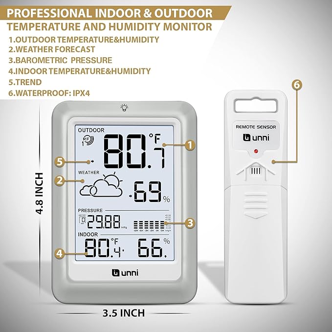 Wireless Weather Stations, with 330ft Range Sensor and Adjustable Backlight Inside Outside Monitor (White)