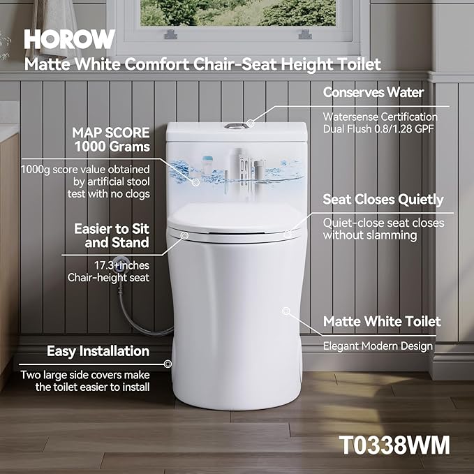 HOROW T0338WM Elongated One Piece Toilet Matte White, ADA Toilet 17.3" with Comfort Chair Height Seat, 0.8/1.28 GPF Powerful Dual Flush Toilet for Bathroom, MAP 1000g, 12" Rough-in Skirted Toilet Bowl