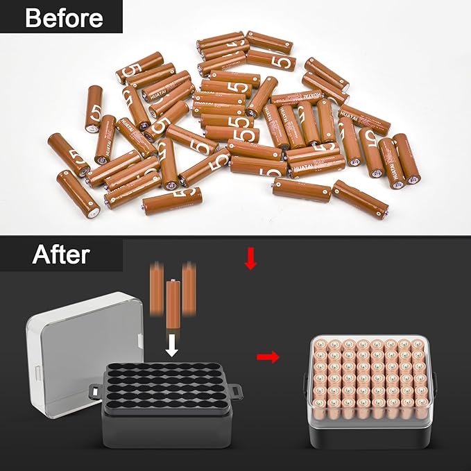 ALCYON Battery Organizer Storage Case, Battery Vault Box Container for 48pcs AAA Batteries, Plastic Clear Protective Battery Holder for Travelling/Home/Office (Black, Small)