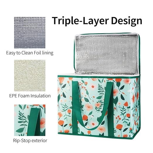 Bodaon 5-Pack Cooler Insulated Food Delivery Bag, Thermal Hot Pizza，X-Large Bags With Top Zippered for Grocery/DoorDash/Catering/Shopping, Large Cold and Frozen Door Dash Accessories, XL Tote, Flower