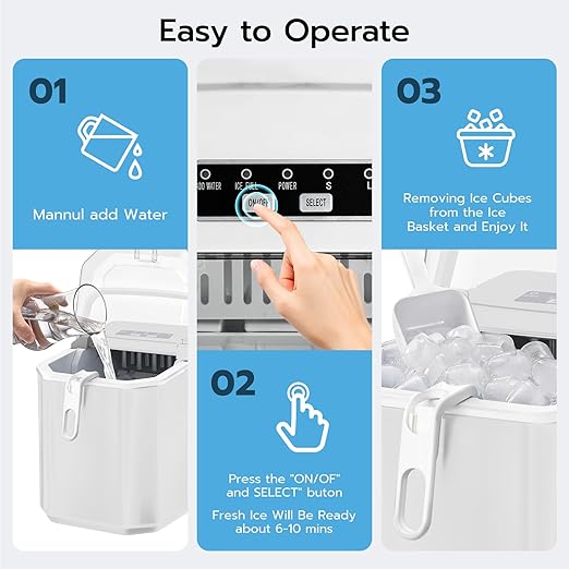 ZAFRO Countertop Ice Maker, 26.5Lbs/24H, 9 Bullet Cubes in 6 Mins, Self-Cleaning Portable Ice Machine with 2 Ice Sizes (S/L), Quiet Compact Design, Double Handles, for Home, Party, RV, Camping, White