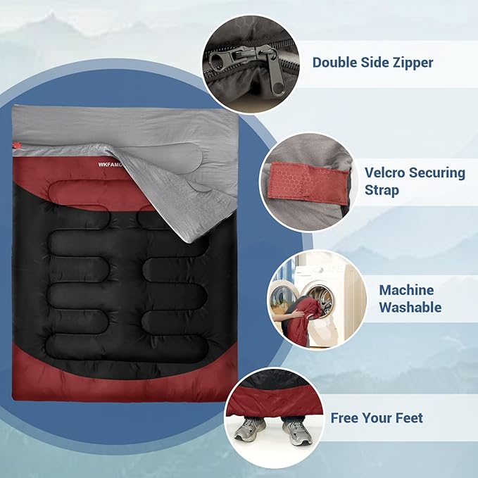 Double Sleeping Bag for Adults Machine Washable 2 Person Camping Sleeping Bag Queen Size Waterproof with Compression Sack for Cold Weather 3-4 Seasons