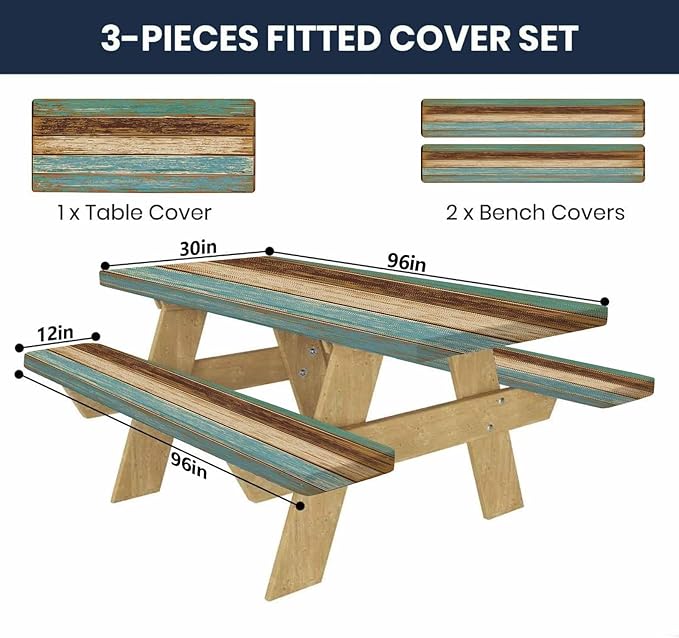 CAPSCEOLL Picnic Table Cover with Bench Covers 8Ft Waterproof Camping Tablecloth All-Weather Outdoor Table Protector with Drawstring Bag for Camping Essentials, 96X30In, Blue Brown Wood