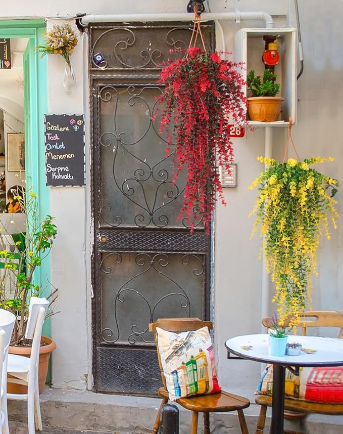Hanging Artificial Plants Fake Vine Hanging Eucalyptus Leaf Plant Artificial UV Resistant Hanging Green Plant Faux Plants Hanging Wall Decor Outdoor Front Door Yard Garden Porch Decorations(Red)