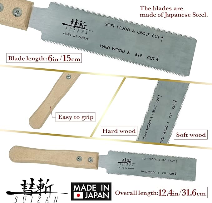 SUIZAN Ryoba Double Edge Saw 6" - Professional Japanese Pullsaw Small Handsaw Woodworking Tools