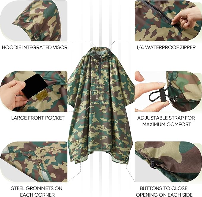 PTEROMY Hooded Rain Poncho for Adult with Pocket, Waterproof Lightweight Unisex Raincoat for Hiking Camping Emergency