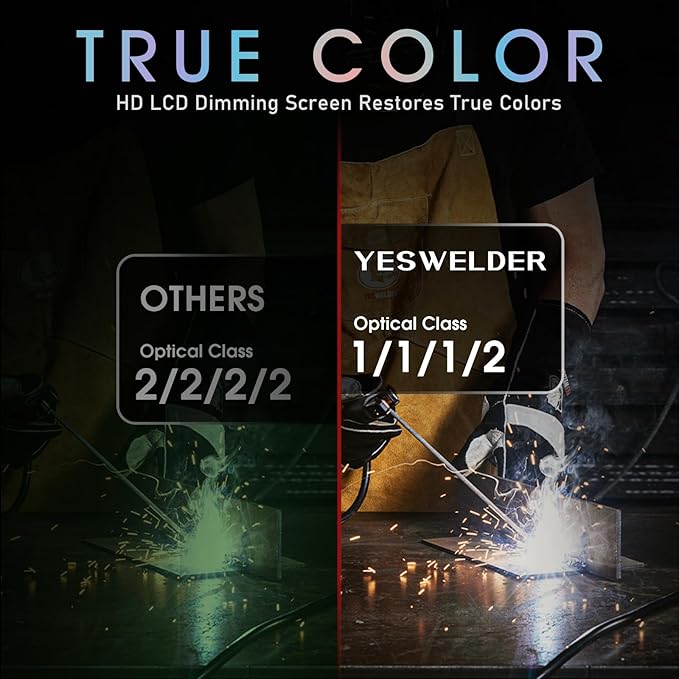 YESWELDER Large View Auto Darkening Welding Helmet, Blue Light Blocking, 1/1/1/1 True Color Solar Powered Welder Hood Mask with 4 Arc Sensors, Wide Shade 3/5-9/9-13 for TIG MIG ARC Cut and Grind