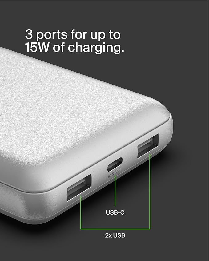 Belkin Portable Charger, USB-C Power Bank 20000 mAh w/ 1xUSB-C Port & 2xUSB-A Ports, 15W w/Type-C to Type-A Cable for iPhone 17, Samsung Galaxy S25, Nintendo Switch 2, Google Pixel 10, etc. - Silver