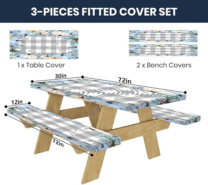 CAPSCEOLL Fitted Picnic Table Cover with Bench Covers with Elastic 6Ft Waterproof Camping Picnic Table Cover Cloths for Outdoors Camping Tablecloth with Drawstring Bag, 72X30in, Blue Pumpkins
