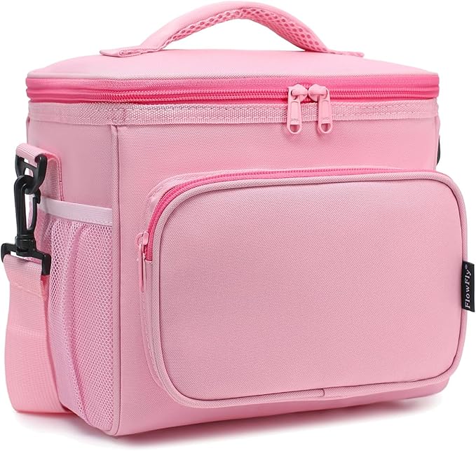 FlowFly Insulated Reusable Lunch Bag Adult Large Lunch Box for Women and Men with Adjustable Shoulder Strap,Front Zipper Pocket and Dual Large Mesh Side Pockets,Pink