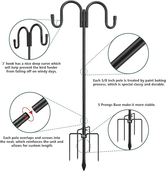 Black Double Shepherds Hook - 98 Inch Adjustable Bird Feeder Pole with 5 Prongs Base - Heavy Duty Rustproof Shepards Hooks for Outdoor Hummingbird Feeder Stand, Solar Lights, Lanterns, Flower Basket