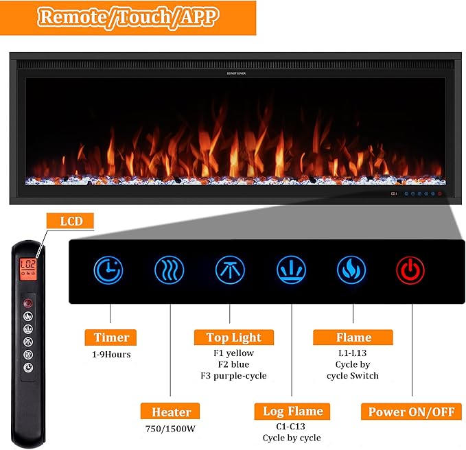 Benrocks 48'' WiFi- Enabled Electric Fireplace Inserts - Alexa & App Control, Slim Recessed & Wall Mounted, 13 * 13 * 3 Flame Color Combinations, 750W/1500W, Black