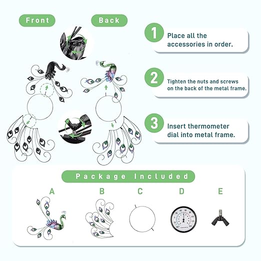 Peacock Outdoor Thermometer, Metal Outdoor Wall Thermometer No Need Battery, Indoor Outdoor Thermometer Large Wall Art Decor for Patio, Garden, Living Room