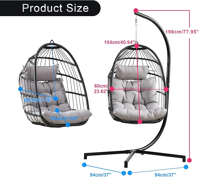 PRIVATE GARDEN Indoor Outdoor Hanging Egg Swing Chair with Stand Wicker Hammock Chairs with Folding Aluminum Frame Grey Water-Repellent Cushion for Patio Bedroom Balcony 330lbs Capacity
