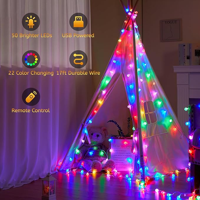 Minetom USB Globe String Lights - 17 ft 50 LED Color Changing Globe Fairy Lights with Remote and Timer, 16 Single Colors and 7 Modes Twinkle Lights for Bedroom Dorm Tent Bed Patio Christmas Party