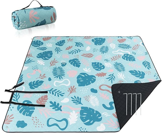 PY SUPER MODE Extra Large Waterproof Picnic Blankets 83x79 Inches - 5 Layer Outdoor Picnic Mat for Beach Camping Park Lawn, Windproof Anchor System with Stakes, Foldable Blue&Green