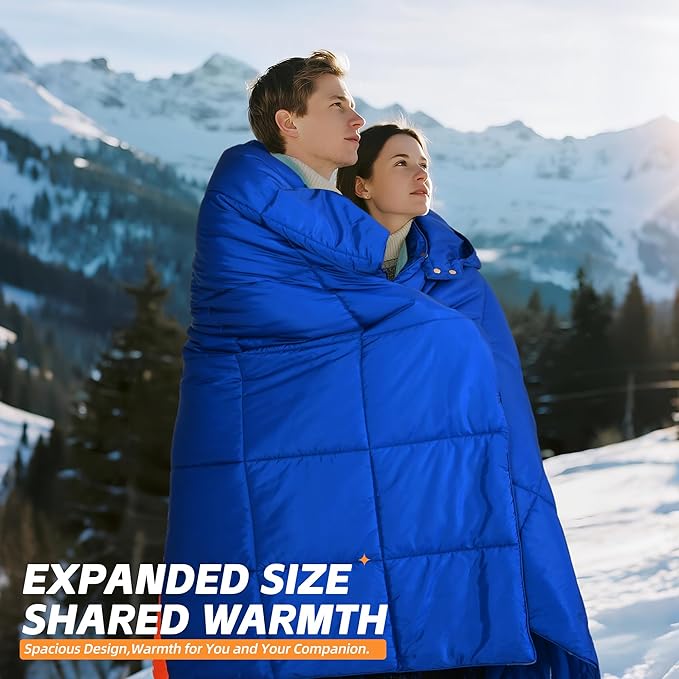 Puffy Camping Blanket with Detachable Hooded Snap-Poncho Waterproof Double-Sided Printed Reversible for Travel, Hike Cold Weather, Navy