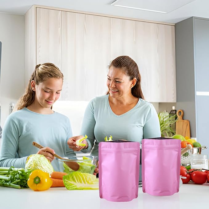 200 Pcs Mylar Bags for Food Storage 4x6 Smell Proof Bag Stand Up, Foil Resealable Bags for Food, Freeze Dried Candy Packaging Sealable Pouch Jewelry Bracelet Pouch for Small Business, Pink