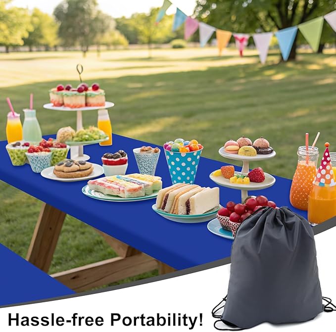 Smiry Picnic Table Cover with Bench Covers, Waterproof Elastic Fitted Polyester Tablecloths for 8 Ft Rectangle Tables, Washable Windproof Tablecloth for Camping, RV & Outdoor (Blue, 30x96 Inches)