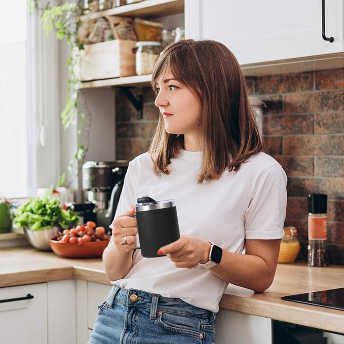 Volhoply 12oz Insulated Leakproof Coffee Mug with Sliding & Straw Lid Bulk 2 Pack,Double Wall Vacuum Stainless Steel Travel Tumbler Cup with Handle,Camping Mugs Keep Cold/Hot(Assort color,2 Set)