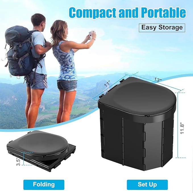 Portable Camping Toilet with PU Cushion, Folding Porta Potty for Adults with Lid and Toilet Paper Holder, Waterproof Camping Toilet with Lid for Camping, Hiking, RV Travel, Road Trips