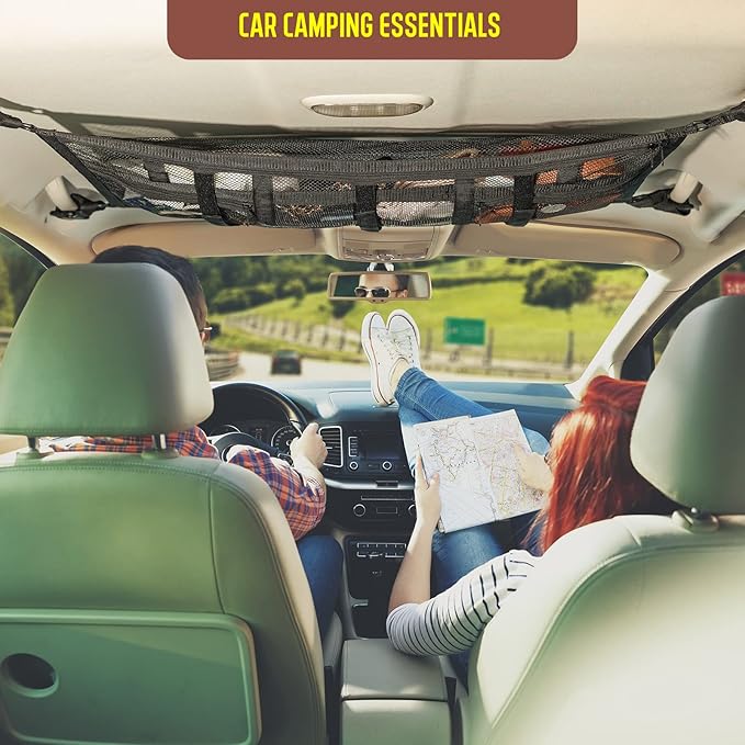 Car Ceiling Cargo Net Pocket Storage Net,29.5"x19.7" Adjustable D-Buckle to Reduce Sagging Roof Storage Organizer,Double-Layer Mesh SUV for SUVs,Road Trips,Car Camping Essentials