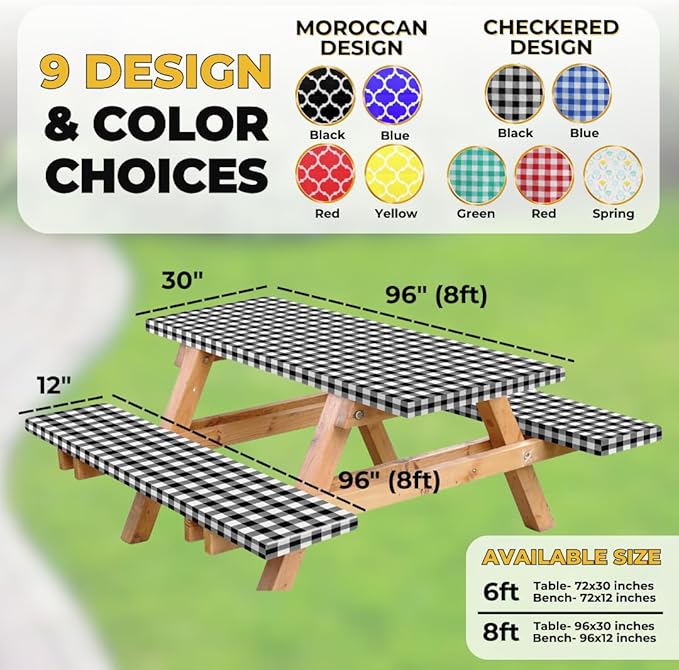 RNOONY Vinyl Fitted Picnic Table Cover with Bench Covers and Bag,8ft Outdoor Waterproof Picnic Tablecloth with Elastic Edges, 96x30 Inches 3 Pcs Set (Black Checkered)