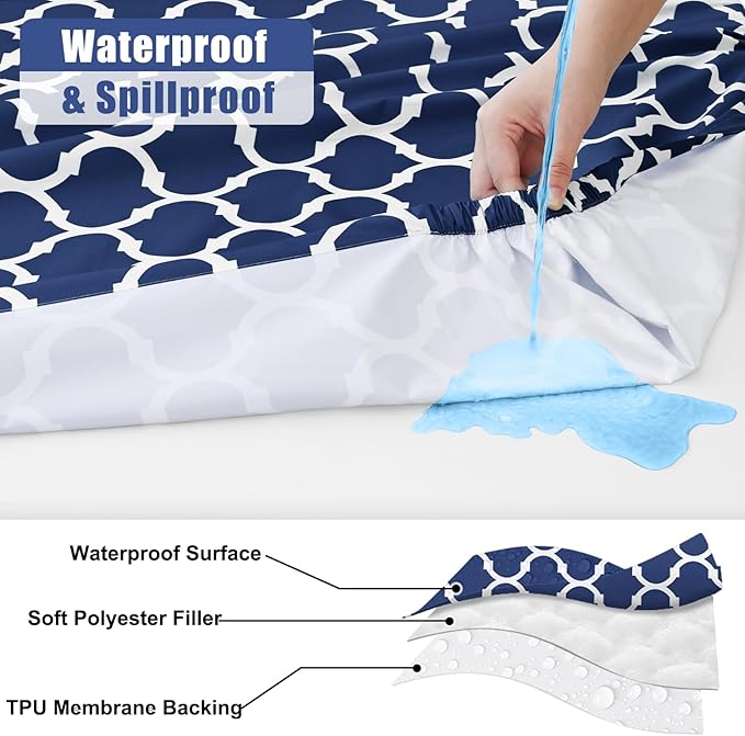 Smiry Picnic Table Cover with Bench Covers, Waterproof Elastic Fitted Tablecloth for 8 Foot Tables, Washable Polyester Tablecloths for Camping, Indoor & Outdoor (Navy Morocco, 30x96 Inch 3-pc Set)