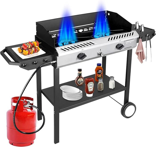 Bestfire 2 Burner Propane Stove Outdoor Camping Gas Stoves 150,000 BTU Auto Ignition with Regulator and Side Shelves Perfect for Patio Home Cooking and Frying