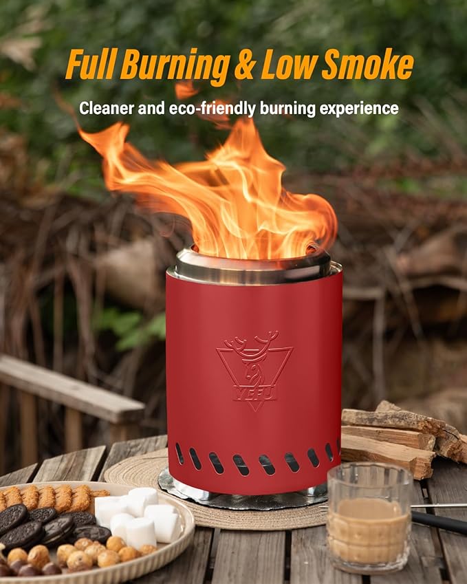 YEFU Tabletop Fire Pit 9.7 x 7.1 in, Low Smoke Camping Stove for Outdoor & Patio, Fueled by Pellets or Wood, Safe Burning Table Top Firepit, with Travel Bag & 2 Mini Sticks & Fireproof Mat, Red