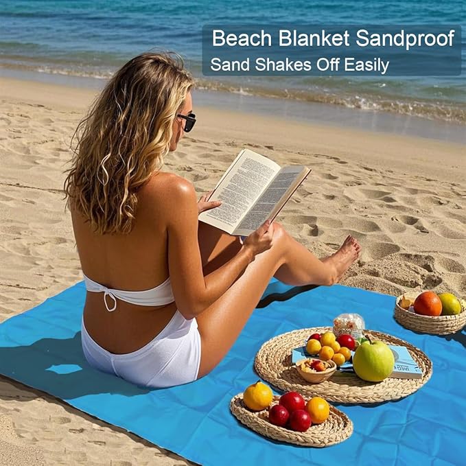 Outdoor Pocket Blanket, 55"x79" Waterproof Foldable Compact Pincic Blanket, Ultralight Tarp for Camping, Festival, Beach, Hiking, Backpacking, Travel and More, Stakes Included