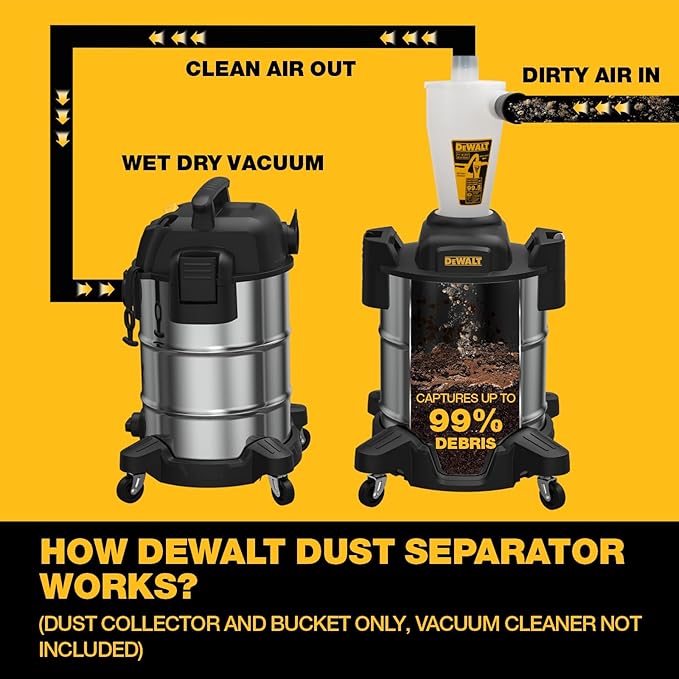 Dewalt Dust Separator with 10 Gal Stainless Steel Tank, 99.5% Efficiency Cyclone Dust Collector, High-Performance Cycle Powder Collector Filter, Dust Cyclone Collector, DXVCS003