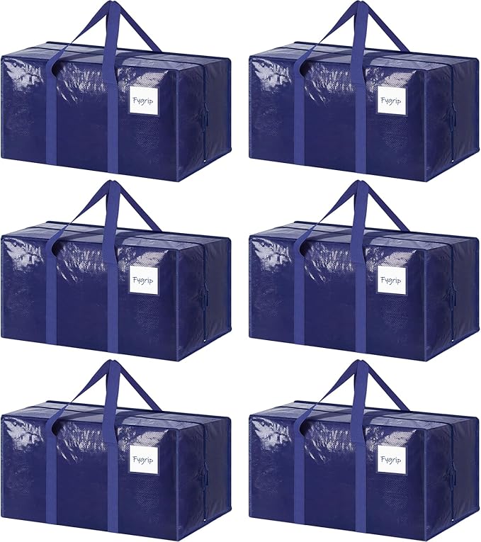 6 Pack Extra Heavy Duty Large Moving Bags with Strong Zipper & Comfortable Handles, Sturdy & Durable Clothes Storage Bags Totes Bins, Blue Packing Moving Boxes for College Supplies, Dark Blue