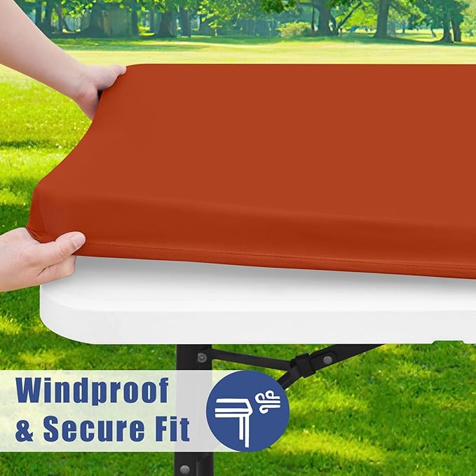 Spandex Picnic Table Cloth 2 Pack, Elastic Fitted Tablecloths for 6 Foot Rectangle Tables, Stretch Washable Patio Table Cover for Outdoor, Camping, Banquet and Parties (Rust, 30"x72")