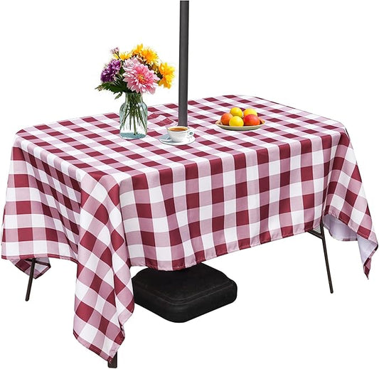 SquarePie Outdoor Tablecloth with Umbrella Hole and Zipper Rectangle Waterproof Table Cloth Spillproof Table Cover for Camping Picnic Patio Garden, 52x70 Burgundy Red Checkered