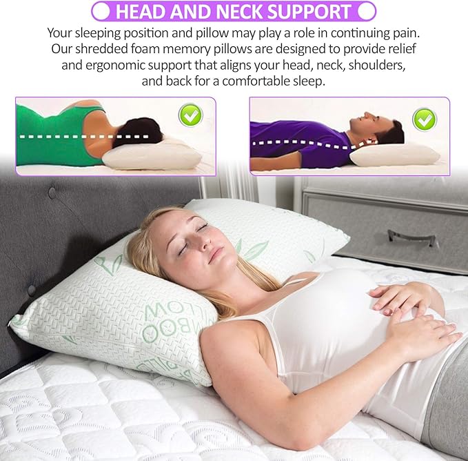 King Size Rayon Derived from Bamboo Pillow for Sleeping, Cooling Shredded Memory Foam Bed Pillows Set – Back, Stomach, Side Sleeper, Removable Cover, Adjustable Firmness, King (Pack of 1)