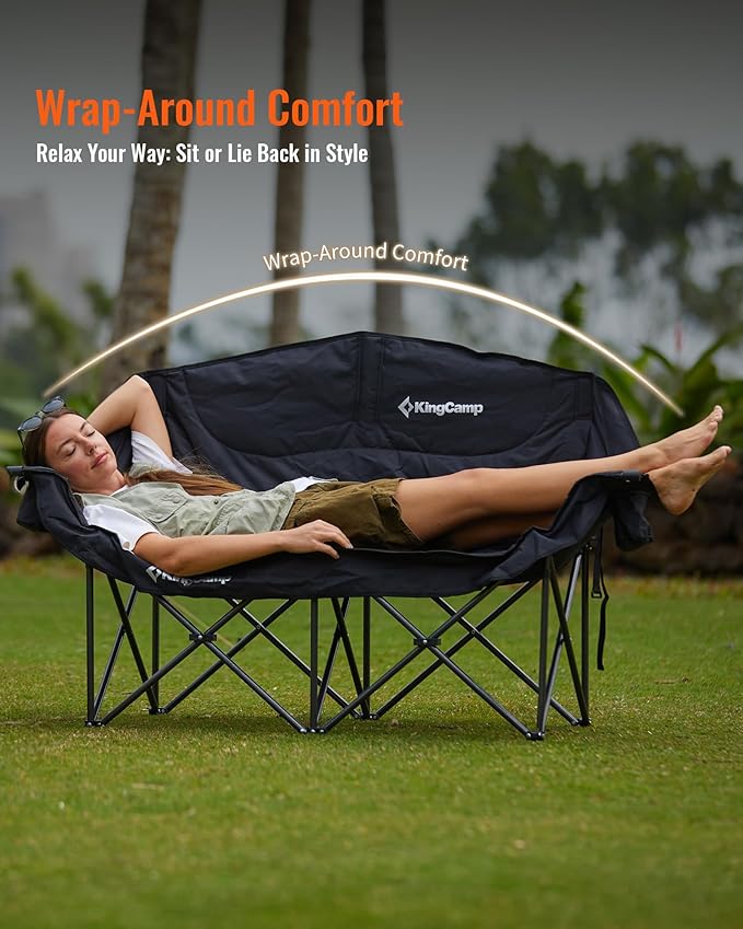 KingCamp Double Camping Chair, Oversized Heavy Duty Loveseat for Adults Portable Folding XL 2 Person Couch Padded Comfortable Two Seat with Cup Holder for Outdoor Lawn Backyard