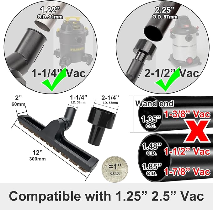 Hardwood Brush Vacuum Attachment for 1 1/4" 2 1/2" Shopvac Wet Dry Vacs, Horsehair Bristles Parquet Nozzle, 12" Shop Vac Floorhead Accessory (1.25" Hard Floor Head & 2.5" Vac Hose Adapter)