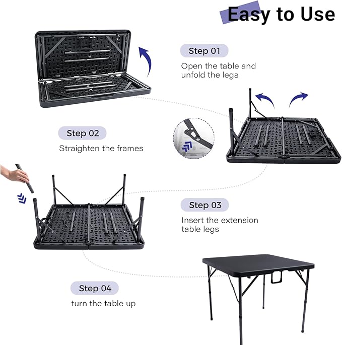 34" Square Folding Card Table, Fold-in-Half Utility Dining Portable Table Heavy Duty HDPE Plastic Foldable with Carrying Handle Indoor Outdoor for Picnic, Camping, Party, Black