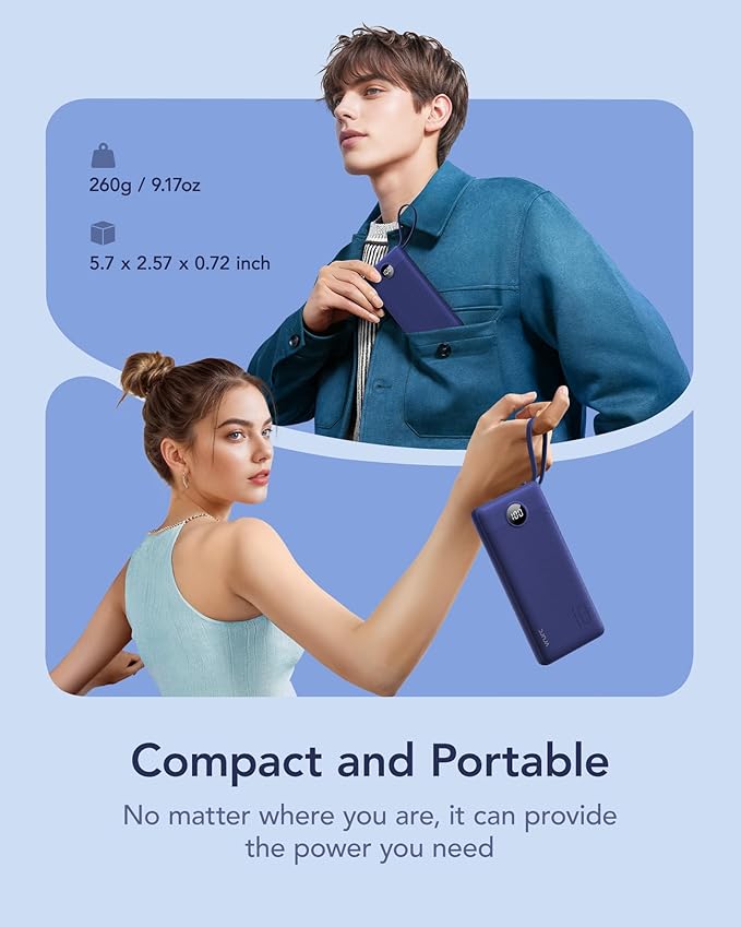 VRURC Portable Charger Power Bank, 10000mAh Travel Essentials, 5 Outputs 2 Inputs Slim Battery Pack Built-in Cables Cords Compatible with iPhone,Samsung,Android-Navy Blue(1 Pack)