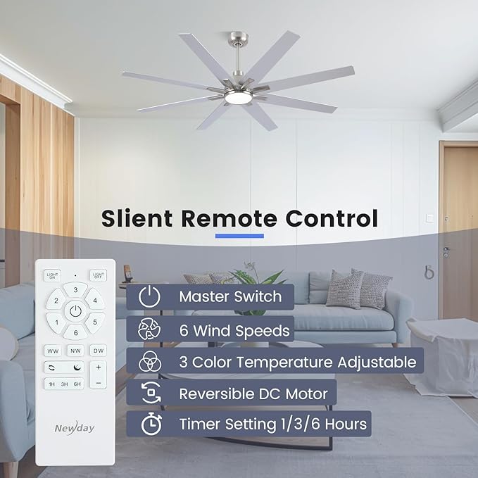 62 inch Brushed Nickel Ceiling Fan with Light & Remote, Indoor/Outdoor 8-Blade Fan, 6-Speed Silent Reversible DC Motor, 3CCT LED, Timer, 2 Downrods for Living Room/Patio
