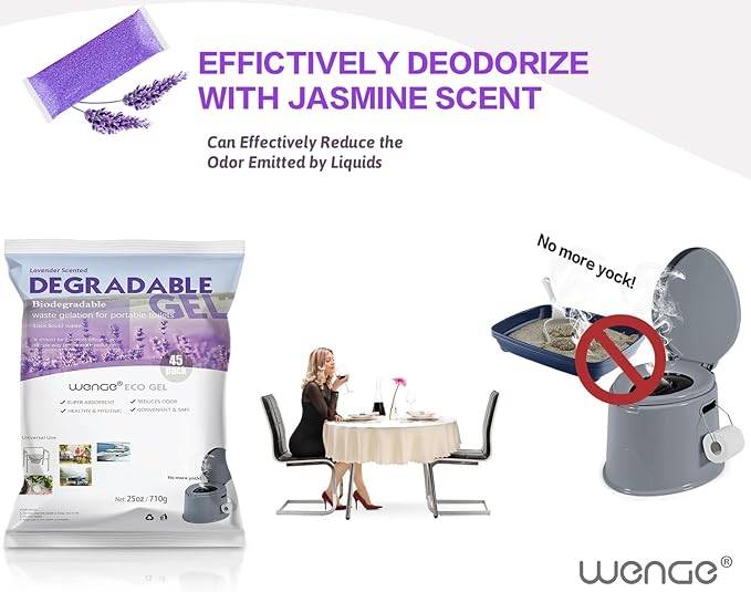 Wenge Urine Super Absorbent, 45Pack Lavender Scent Portable Toilet Powder Solidify Body Fluids in 1 Min, Easy to Port Waste Liquid, for Camping Portable Toilet, Solidifies Urine & Diarrhea in Pet Loo