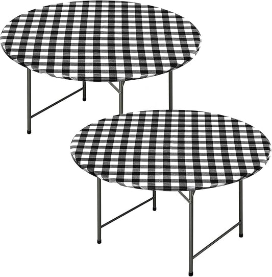 Fitable 2 Pack Vinyl Fitted Tablecloth Round, Black and White - Waterproof Checkered Elastic Tablecloth Flannel Backed Gingham Table Cover for Outdoor Picnic Dining (Fit for 36"-44" Round Tables)
