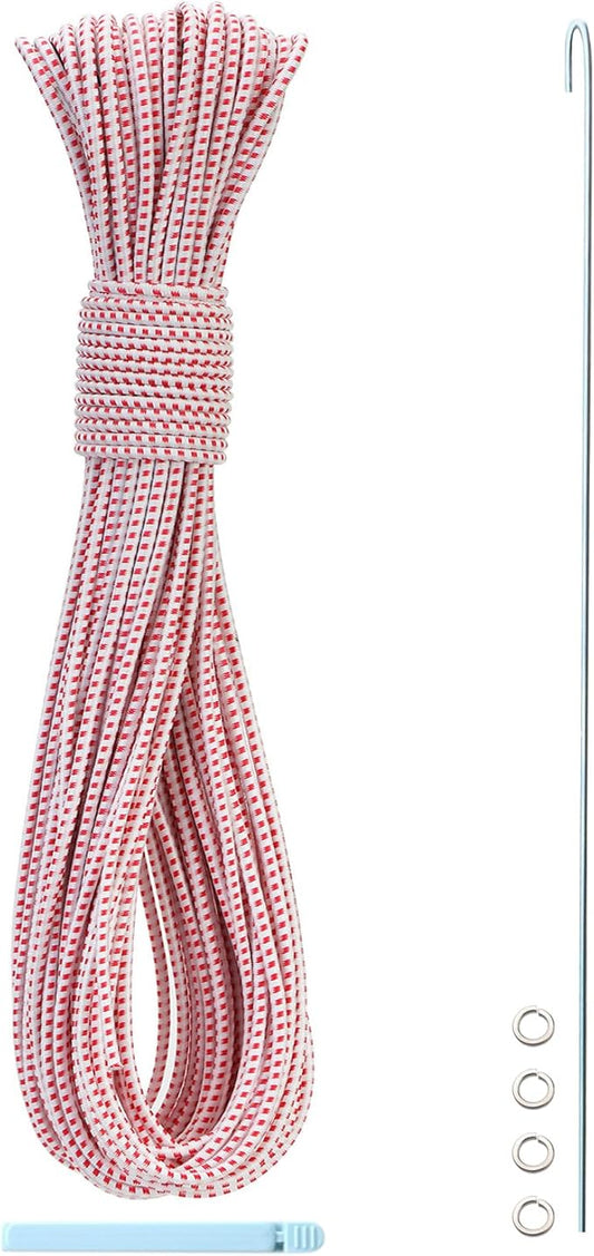 Tent Pole Shock Cord 1/8 inch 60ft, Replacement Shock Cord for Tent Rod, Tent Pole Repair Kit, Elastic Bungee Cord,Elastic Cord with Lead Wire/Washers/Clip (White/Red)