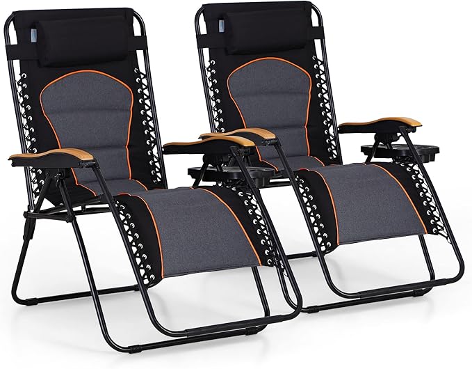 PHI VILLA XXL Oversized Padded Zero Gravity Chair, Foldable Patio Recliner, 30" Wide Seat Anti Gravity Lounger with Cup Holder, Set of 2, Support 400 LBS (Black & Orange Accents)
