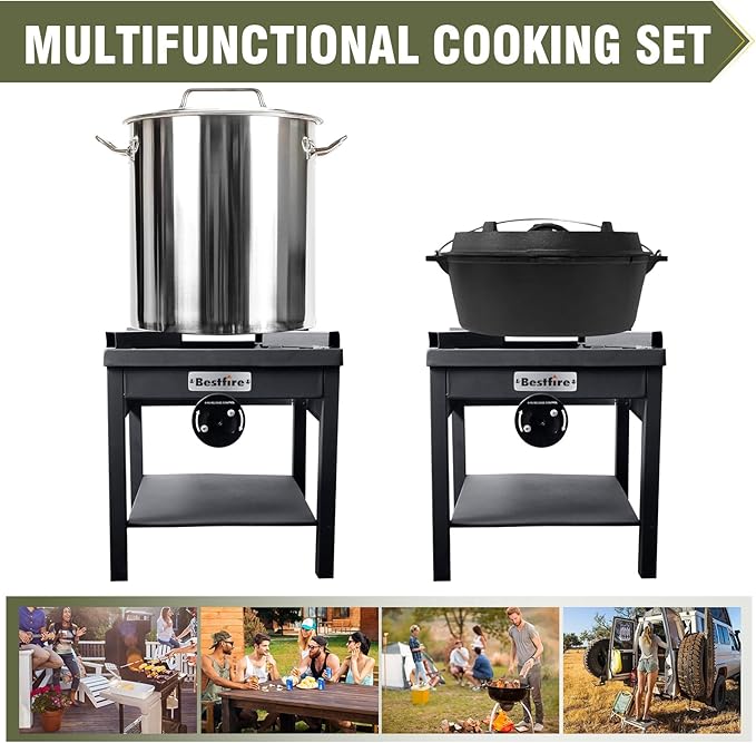 BESTFIRE 260,000 BTU Outdoor Propane Gas Stove with 0-20 PSI Adjustable Regulator and Steel-Braided Hose for Outdoor Home Cooking and Turkey Frying