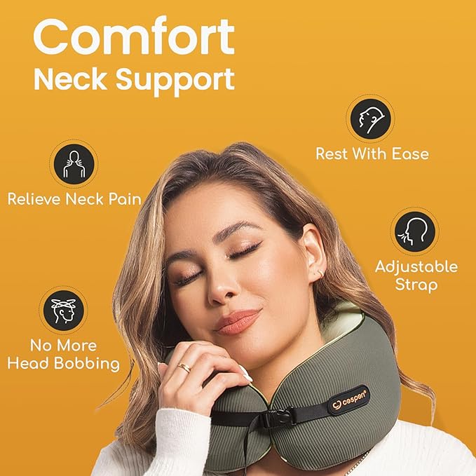 Cesperi® Travel Neck Pillow for Airplanes, Ergonomic Design, Airplane Neck Pillow with Memory Foam, Travel Essentials for Flights, Car Rides, and Home Rest, M Size, 130-200LB (Avocado Green)