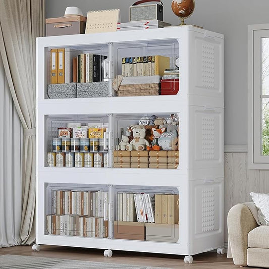 120GAL Extra Large Storage Bins with Lid, 480Qt Stackable Closet Organizers and Drawers, Collapsible Storage Bins with Wheels, Folding Storages Cabinet for Home Bedroom Office, 3Pack White