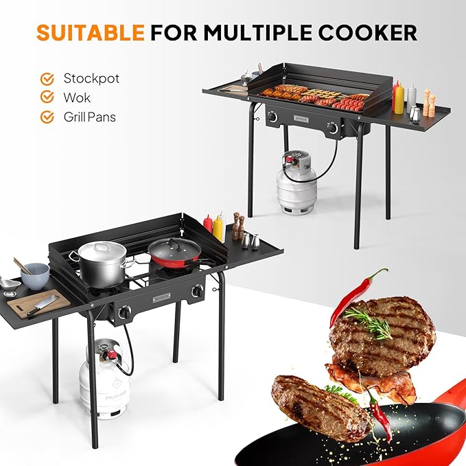 ROVSUN 2 Burner Outdoor Propane Gas Stove with Regulator, Windpanel, Bag & Side Shelves, 150,000 BTU Powerful Stand Cooker for Backyard Cooking Camping Home Brewing Canning Turkey Frying